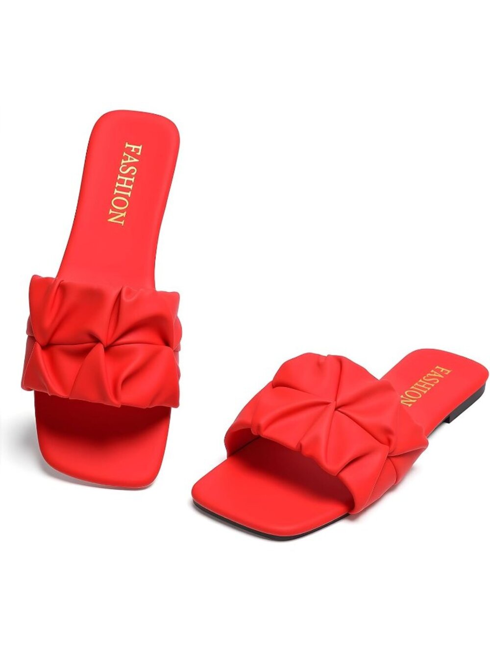Women's Red Pleated Square Toe Slide Sandals Summer Trendy Wedding Flats Shoes